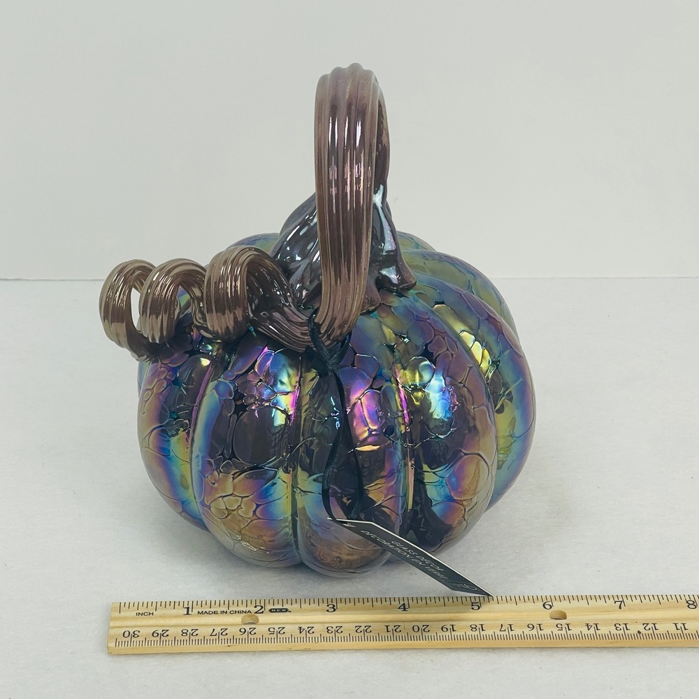 Tahari Home Iridescent Glass Pumpkin Oil Slick Rainbow Bubble Decor 7.5 Inch NEW - Picture 15 of 16